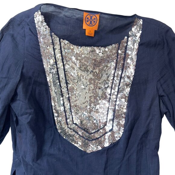 tory burch navy blue silver tightly woven sequins tunic top ORIGINAL 6 - Picture 4 of 5